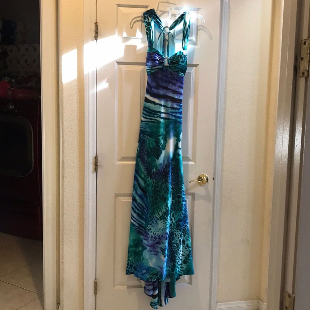 Betsy & Adam Teal Animal Print Gown